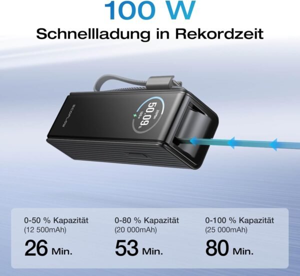 Anker Powerbank, 25.000mAh externer Akku mit 3x 100W USB-C Ports für Multi-Geräte-Ladeleistung, Integriertes + einziehbares Kabel, Für iPhone 16/15, MacBook, Samsung und mehr – Bild 2