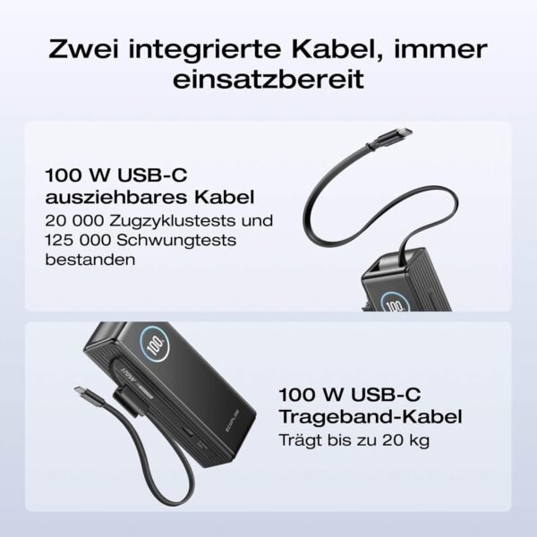 Anker Powerbank, 25.000mAh externer Akku mit 3x 100W USB-C Ports für Multi-Geräte-Ladeleistung, Integriertes + einziehbares Kabel, Für iPhone 16/15, MacBook, Samsung und mehr – Bild 4