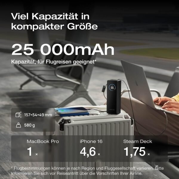 Anker Powerbank, 25.000mAh externer Akku mit 3x 100W USB-C Ports für Multi-Geräte-Ladeleistung, Integriertes + einziehbares Kabel, Für iPhone 16/15, MacBook, Samsung und mehr – Bild 7