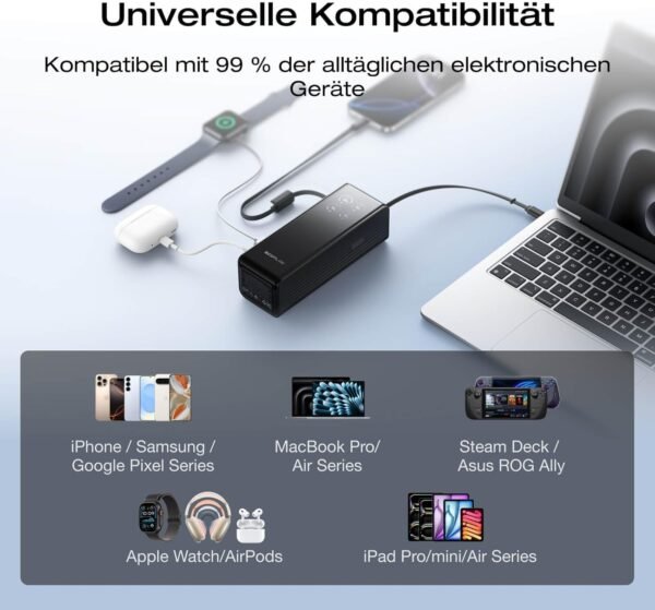 Anker Powerbank, 25.000mAh externer Akku mit 3x 100W USB-C Ports für Multi-Geräte-Ladeleistung, Integriertes + einziehbares Kabel, Für iPhone 16/15, MacBook, Samsung und mehr – Bild 6